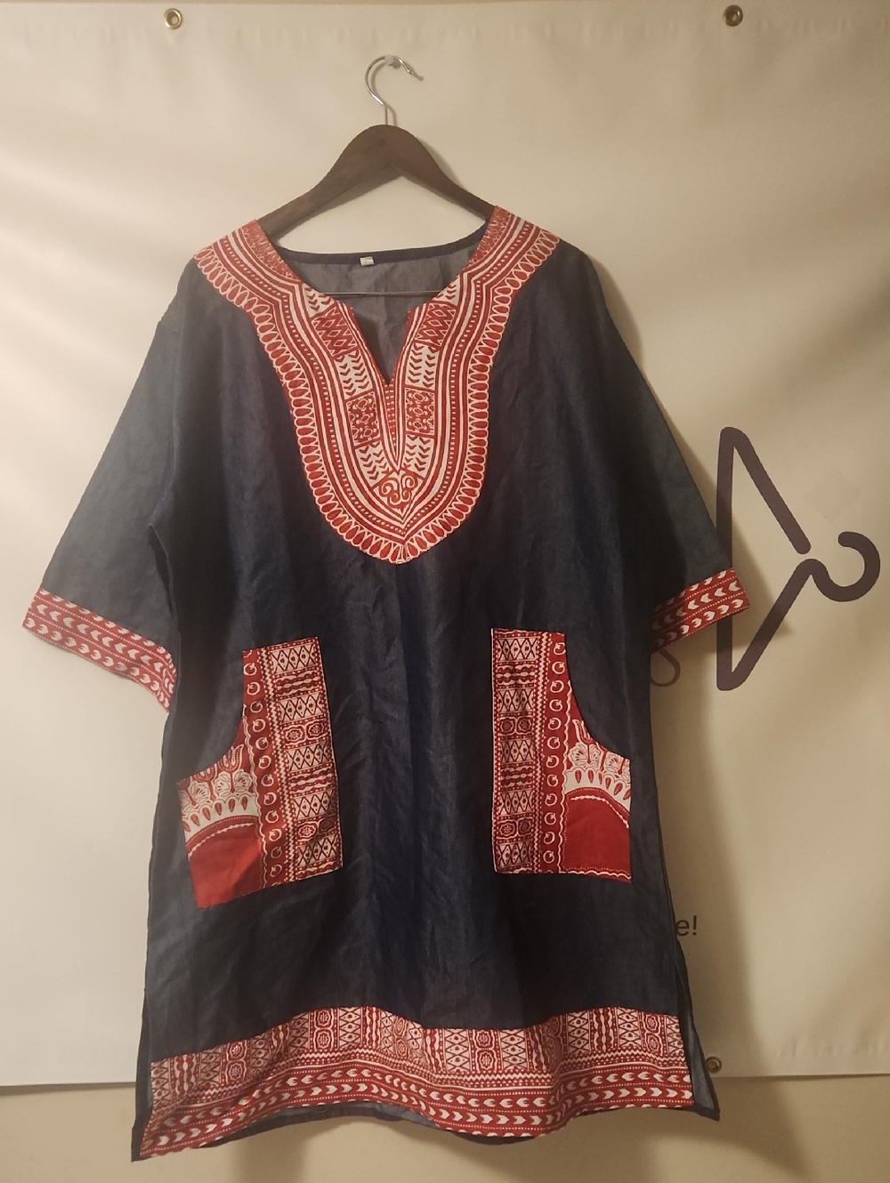 Boho Embroidered Navy and Red Mini Dress